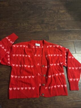 Old Navy Red Cardigan Sweater with Pink Heart Pattern